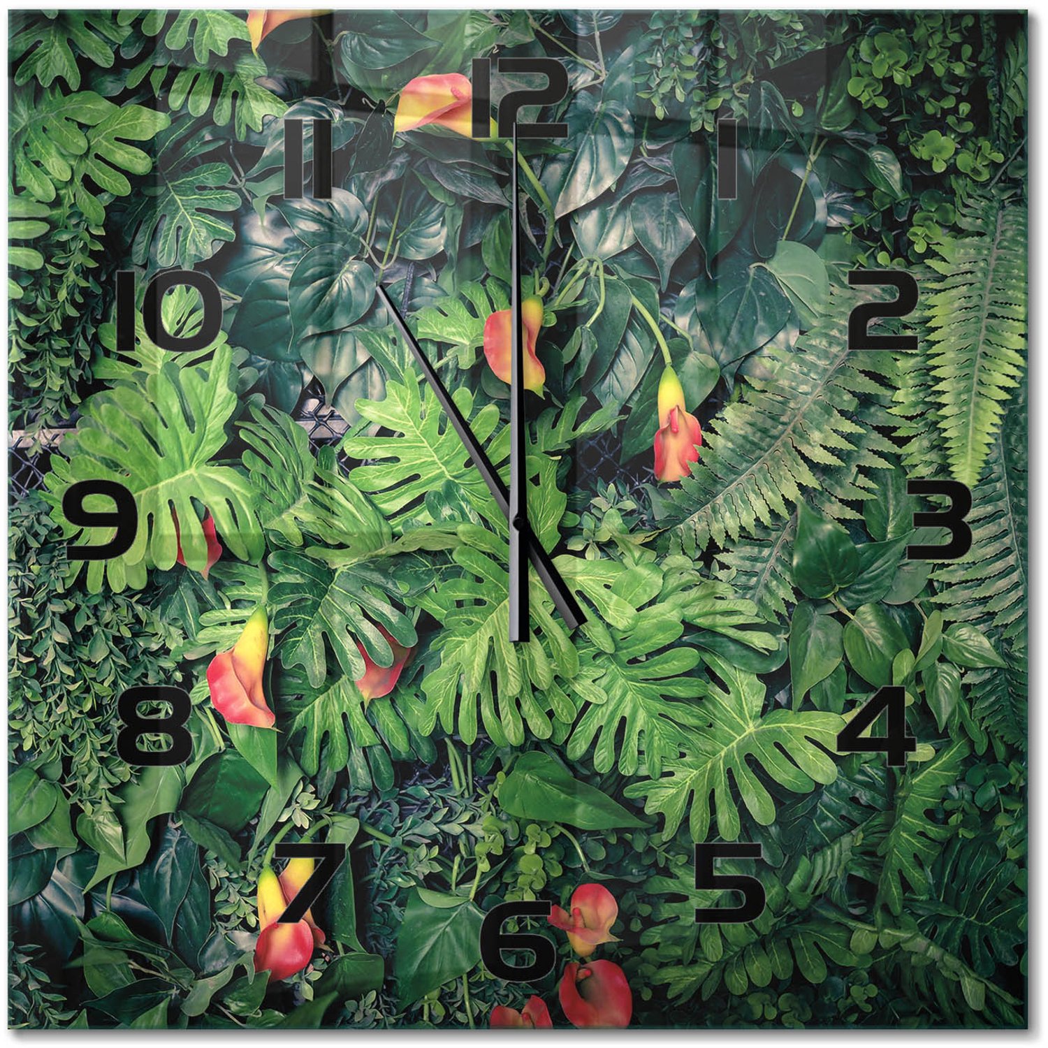 TULUP Wandklok - Exotische jungle Glazen Wandklok Design - 60x60 cm - Groente Klok Glas Met Opdruk - Zwarte handen - Vierkante Klok - Wandklok Glas Met Motief - Decoratieve Glazen Klok
