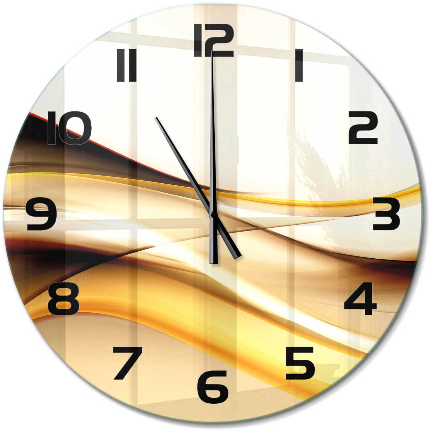 TULUP Wandklok - Abstracte golven Decoratieve Glazen Klok - fi60 cm - Geel Glazen Wandklok Design - Zwarte handen - Ronde Klok - Glazen Klok Met Print - Wandklok Glas Met Motief
