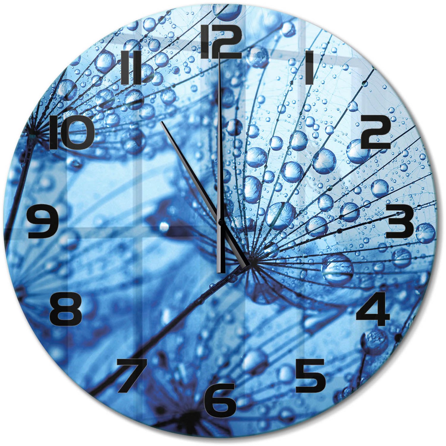 TULUP Wandklok - Paardenbloemzaden Glazen Wandklok Design - fi60 cm - Blauw Klok Glas Met Opdruk - Zwarte handen - Ronde Klok - Wandklok Glas Met Motief - Decoratieve Glazen Klok