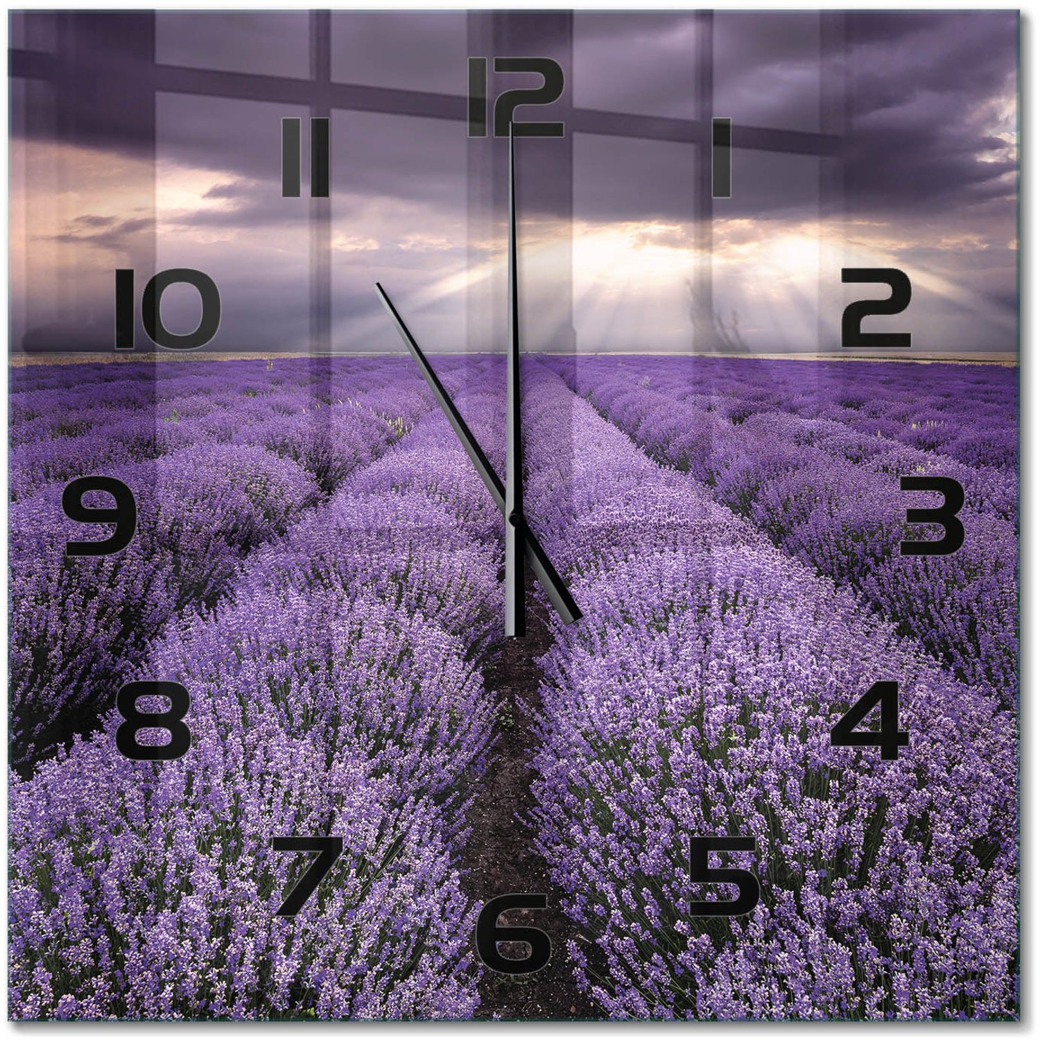TULUP Wandklok - Lavendelveld Glazen Wandklok Design - 60x60 cm - Paars Klok Glas Met Opdruk - Zwarte handen - Vierkante Klok - Wandklok Glas Met Motief - Decoratieve Glazen Klok