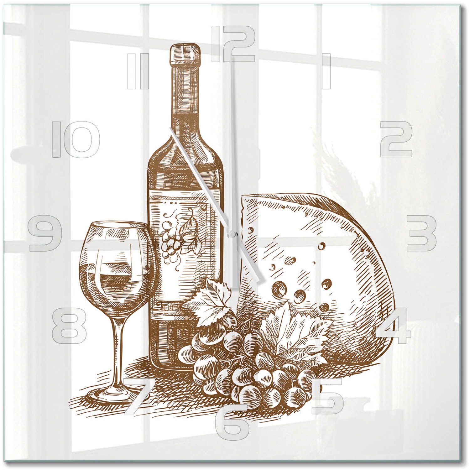 TULUP Wandklok - Wijn en hapjes Moderne Wandklok Glas - 60x60 cm - Zwart-wit Wandklok Glas Decoratie - Witte handen - Vierkante Klok - Glazen Wandklok Design - Klok Glas Met Opdruk