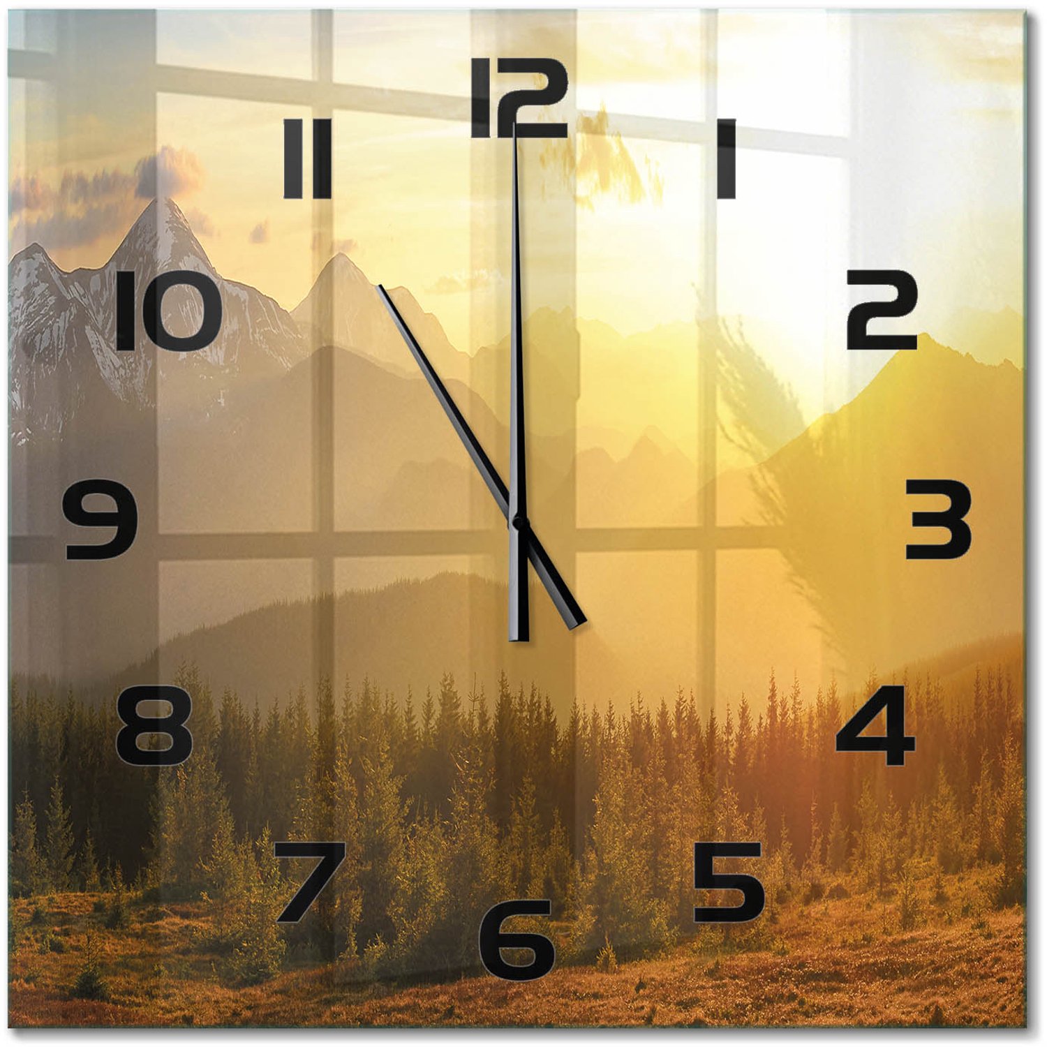 TULUP Wandklok - Bergen bij zonsondergang Wandklok Glas Met Motief - 60x60 cm - Geel Decoratieve Glazen Klok - Zwarte handen - Vierkante Klok - Gekleurde Glazen Klok - Glazen Klok Met Print