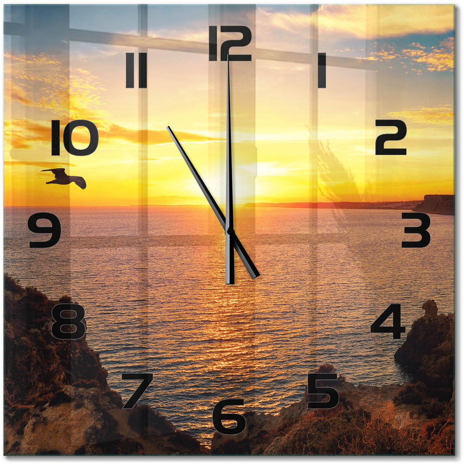TULUP Wandklok - Zonsondergang Zee Glazen Wandklok Design - 60x60 cm - Geel Klok Glas Met Opdruk - Zwarte handen - Vierkante Klok - Wandklok Glas Met Motief - Decoratieve Glazen Klok