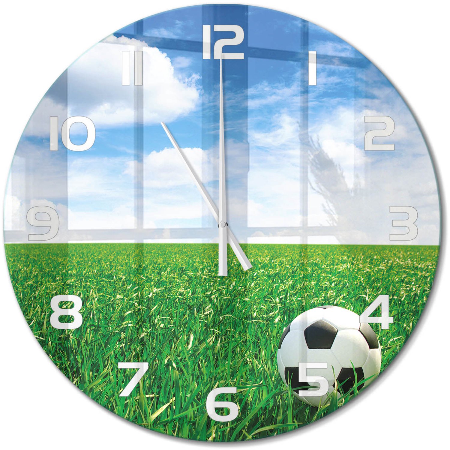 TULUP Wandklok - Voetbal op het grasveld Glazen Klok Met Print - fi60 cm - Groente Wandklok Glas Met Motief - Witte handen - Ronde Klok - Wandklok Glas Decoratie - Gekleurde Glazen Klok