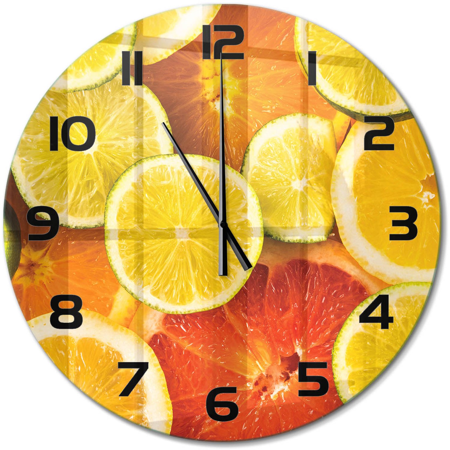 TULUP Wandklok - Citrusvruchten Moderne Wandklok Glas - fi60 cm - Oranje Wandklok Glas Decoratie - Zwarte handen - Ronde Klok - Glazen Wandklok Design - Klok Glas Met Opdruk