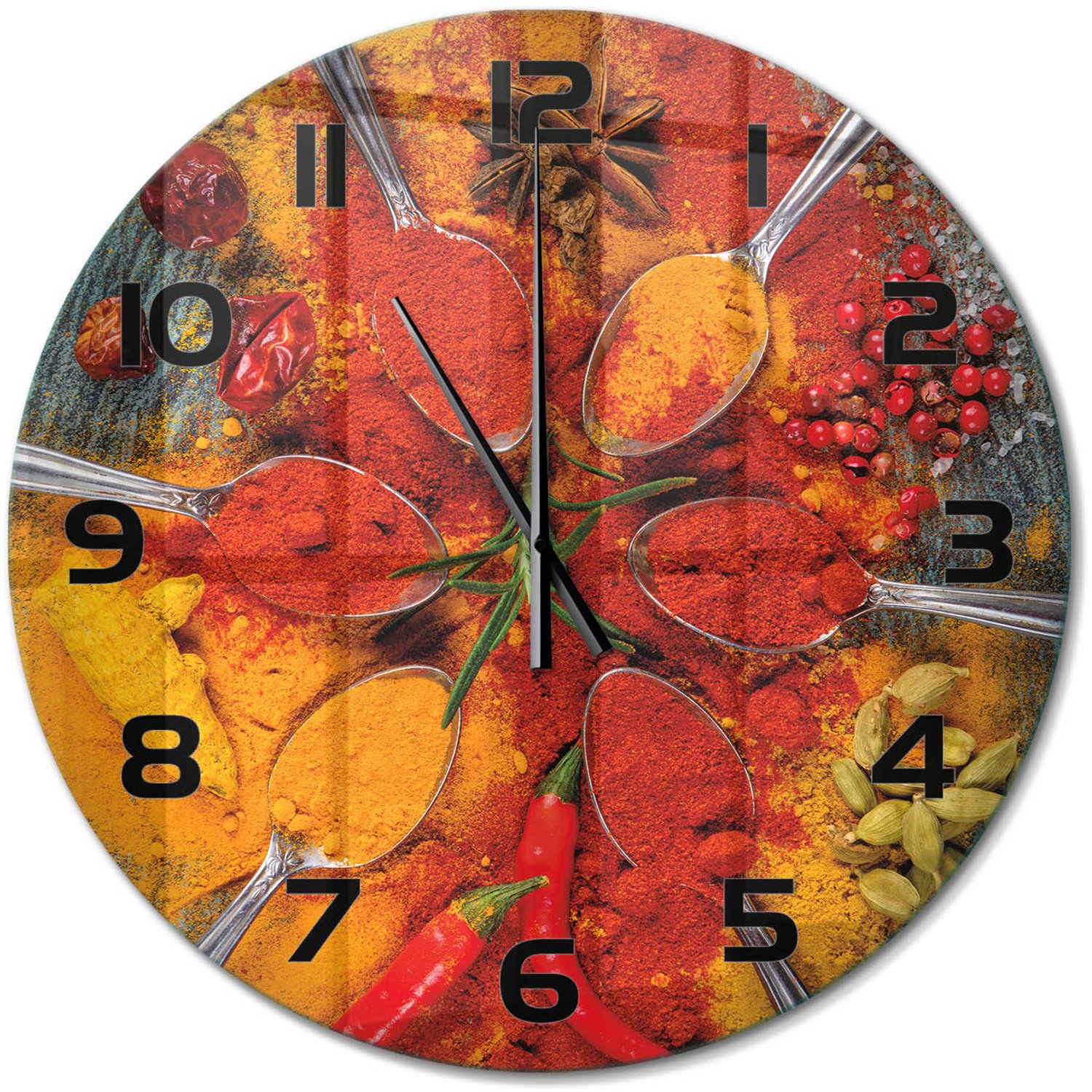 TULUP Wandklok - Specerijen Wandklok Glas Met Motief - fi60 cm - Rood Decoratieve Glazen Klok - Zwarte handen - Ronde Klok - Gekleurde Glazen Klok - Glazen Klok Met Print
