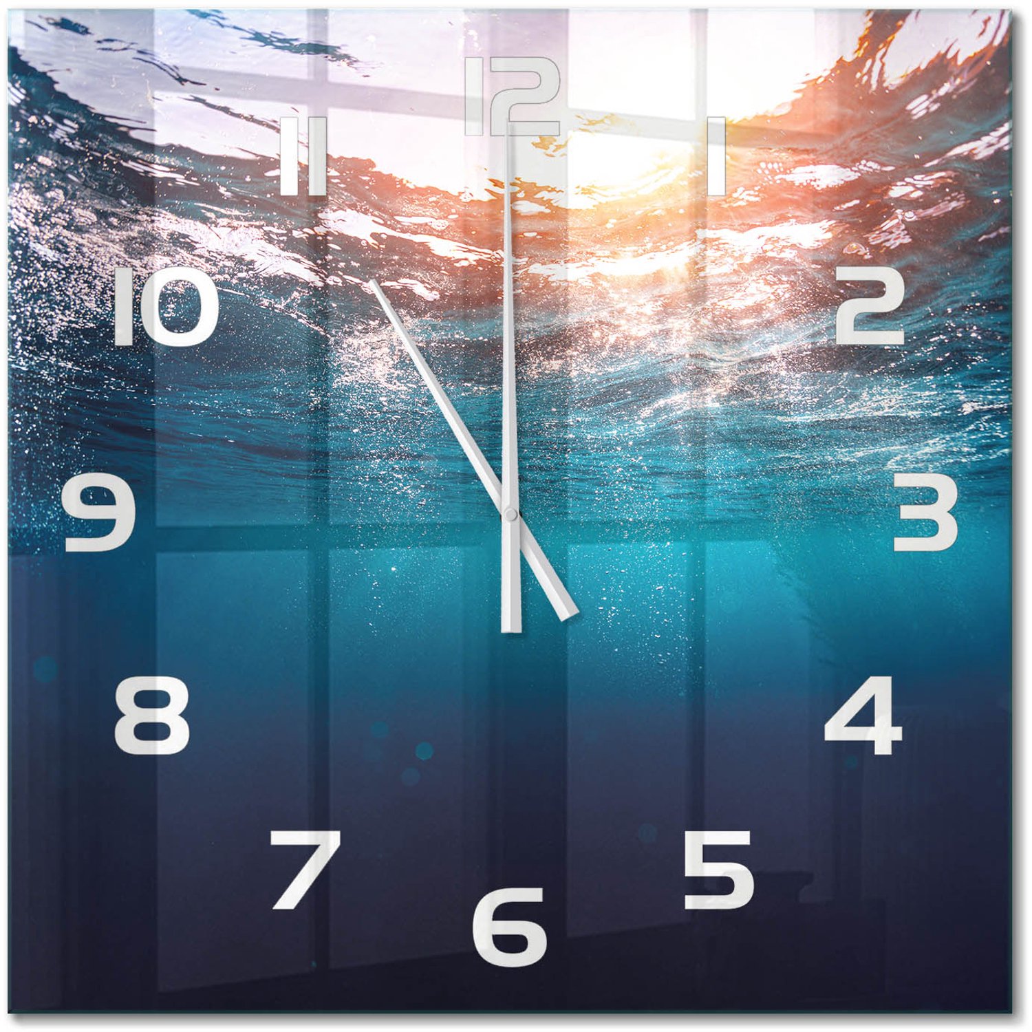 TULUP Wandklok - Onderwaterwereld Decoratieve Glazen Klok - 60x60 cm - Blauw Glazen Wandklok Design - Witte handen - Vierkante Klok - Glazen Klok Met Print - Wandklok Glas Met Motief