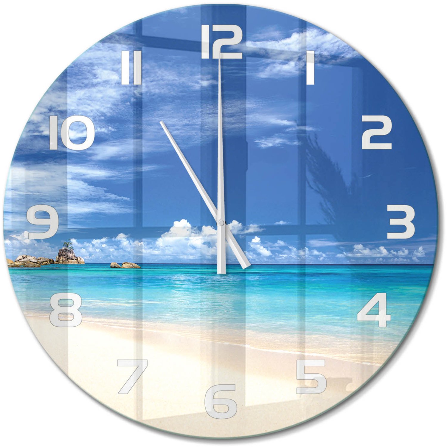 TULUP Wandklok - Tropisch strand Moderne Wandklok Glas - fi60 cm - Blauw Wandklok Glas Decoratie - Witte handen - Ronde Klok - Glazen Wandklok Design - Klok Glas Met Opdruk