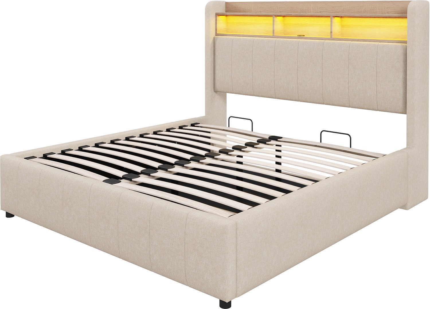 MUVANO Beige gestoffeerd bed 140x200 - tweepersoonsbed met opbergruimte - LED-verlichting en USB-aansluiting - linnen bekleding voor de slaapkamer
