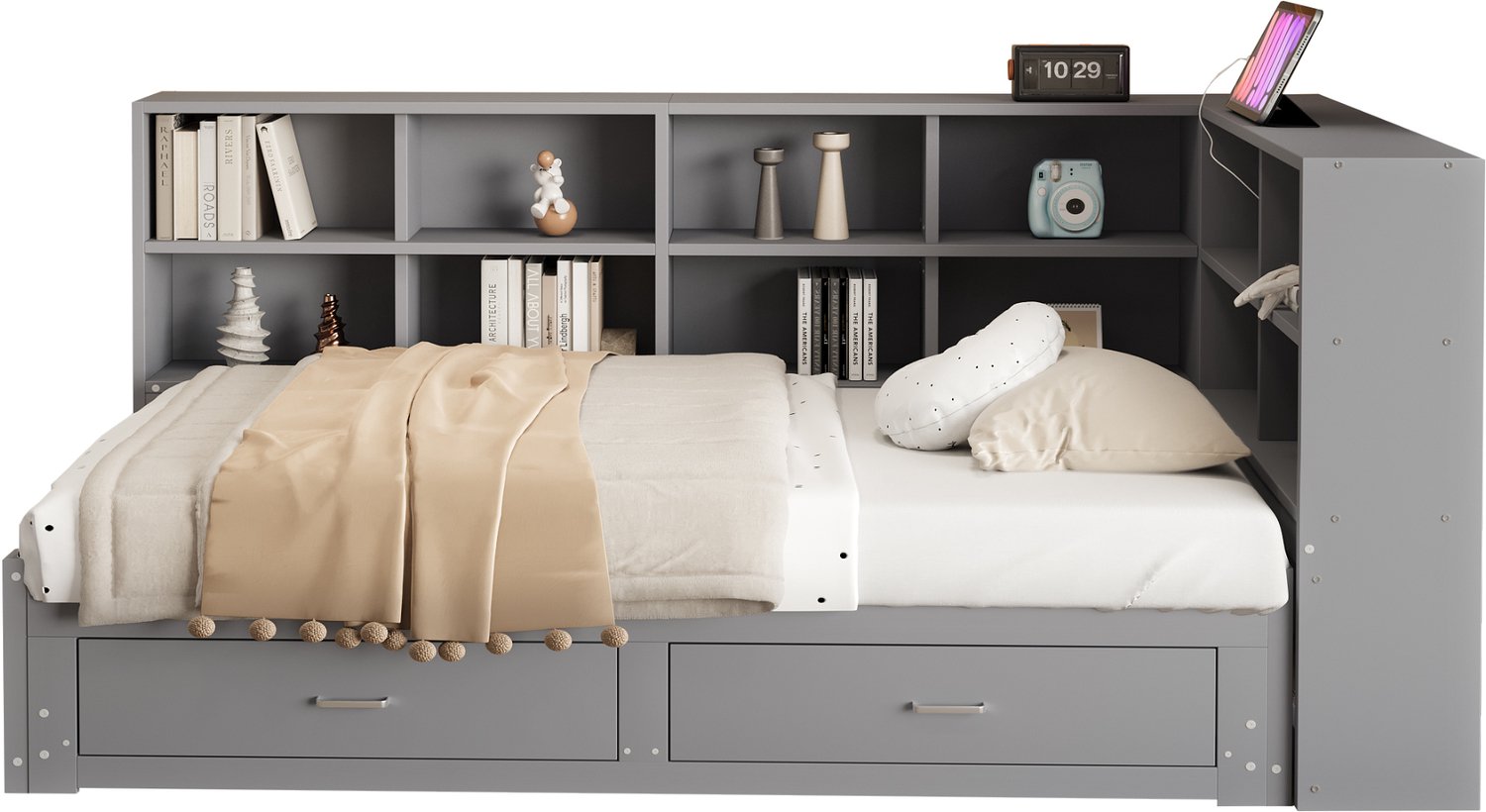 MUVANO Uitschuifbaar bed - houten slaapbank met onderschuifbed - opbergruimte en lades - lattenbodem - 90x190/180x190 cm - grijs voor kleine ruimtes