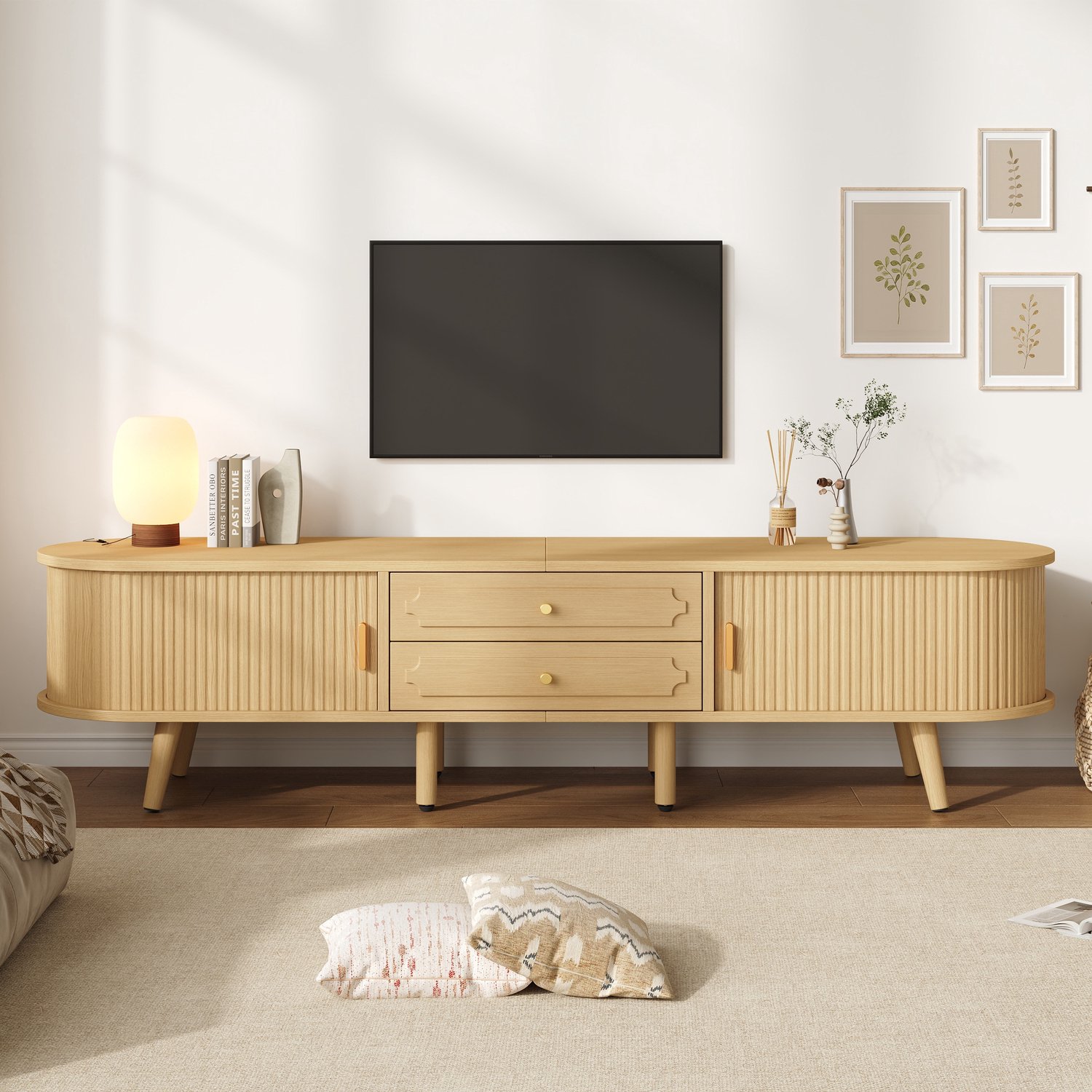 Sweiko TV-kast - 2 lades - Schuifdeuren - Verstelbare planken - Geschikt voor TV's tot 70 inch - 170 x 40 x 43 cm - Naturel