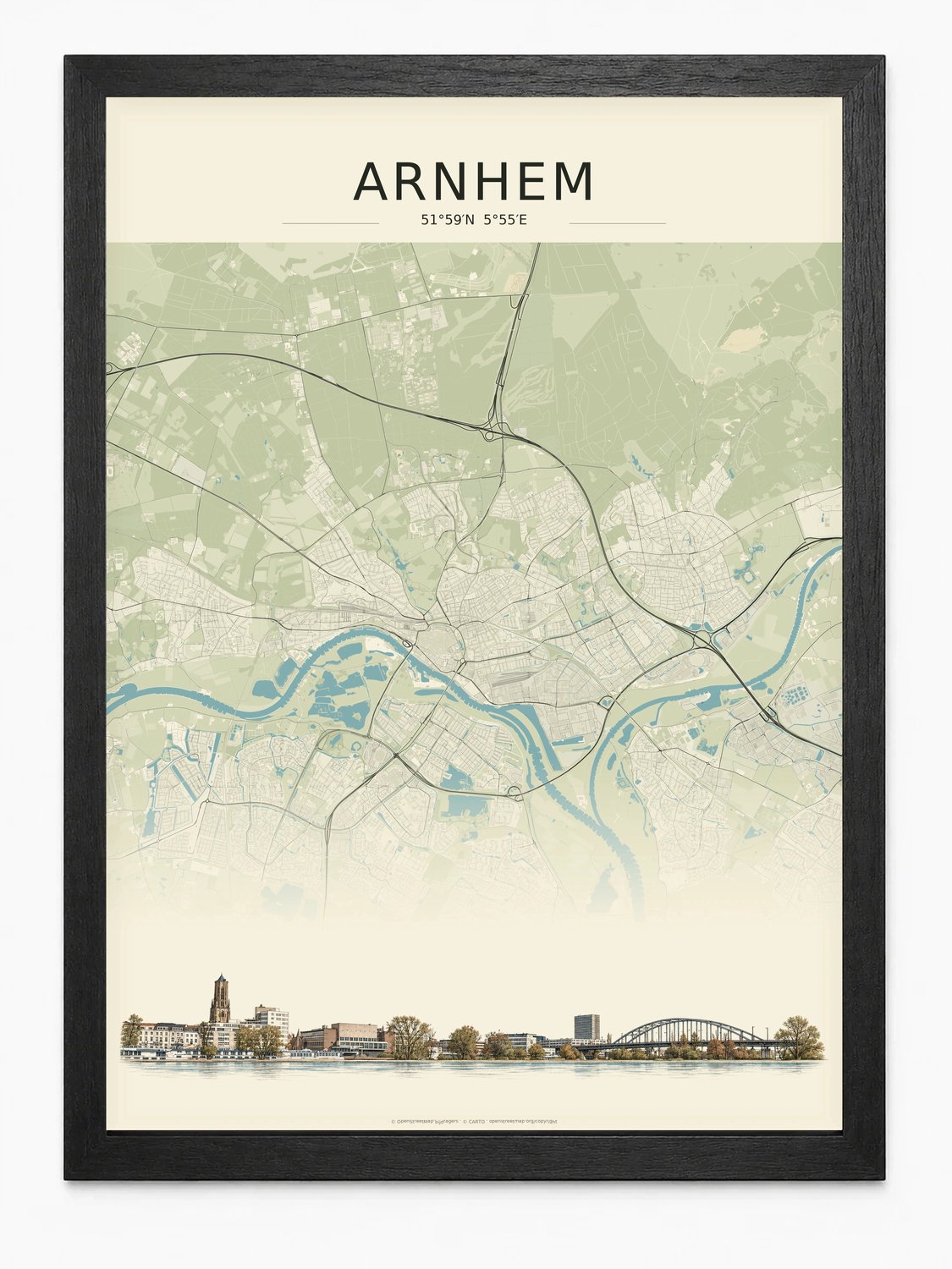 Joshimo Arnhem Stadskaart Poster | Vintage Kaart met Skyline | Inclusief Zwarte A4 Lijst