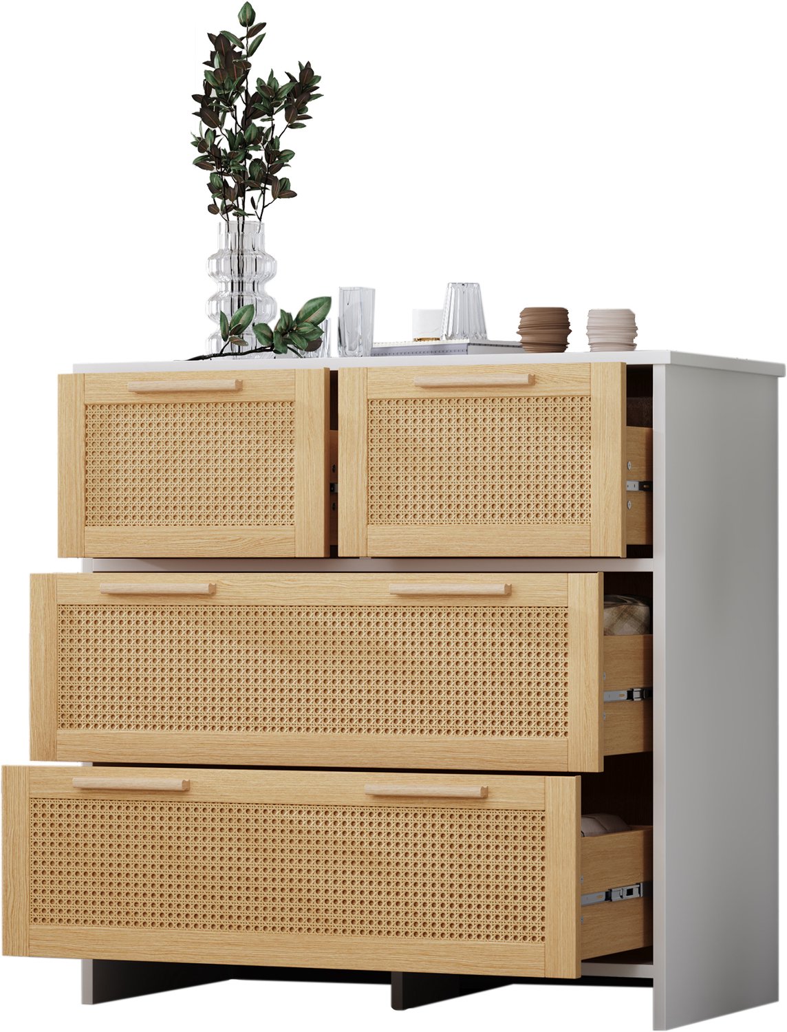 Ropilly Ladekast - 80 x 80 x 38 cm - 4 diepe lades - Rattanlook met massief houten handgrepen - naturel wit - voor slaapkamer, woonkamer of hal Naturel en wit