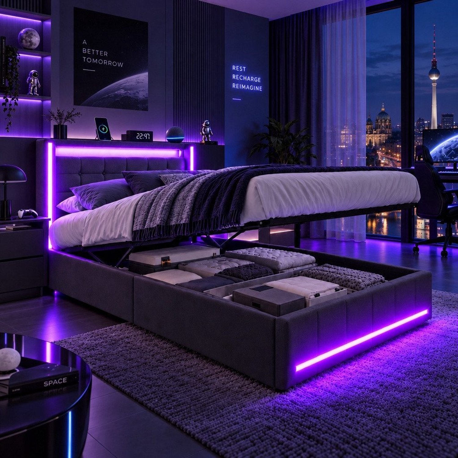 Mofor Gestoffeerd Opbergbed 90x200 cm - eenpersoonsbed met LED en USB - Hydraulische opbergruimte - Linnen - Modern - Beige Grijs