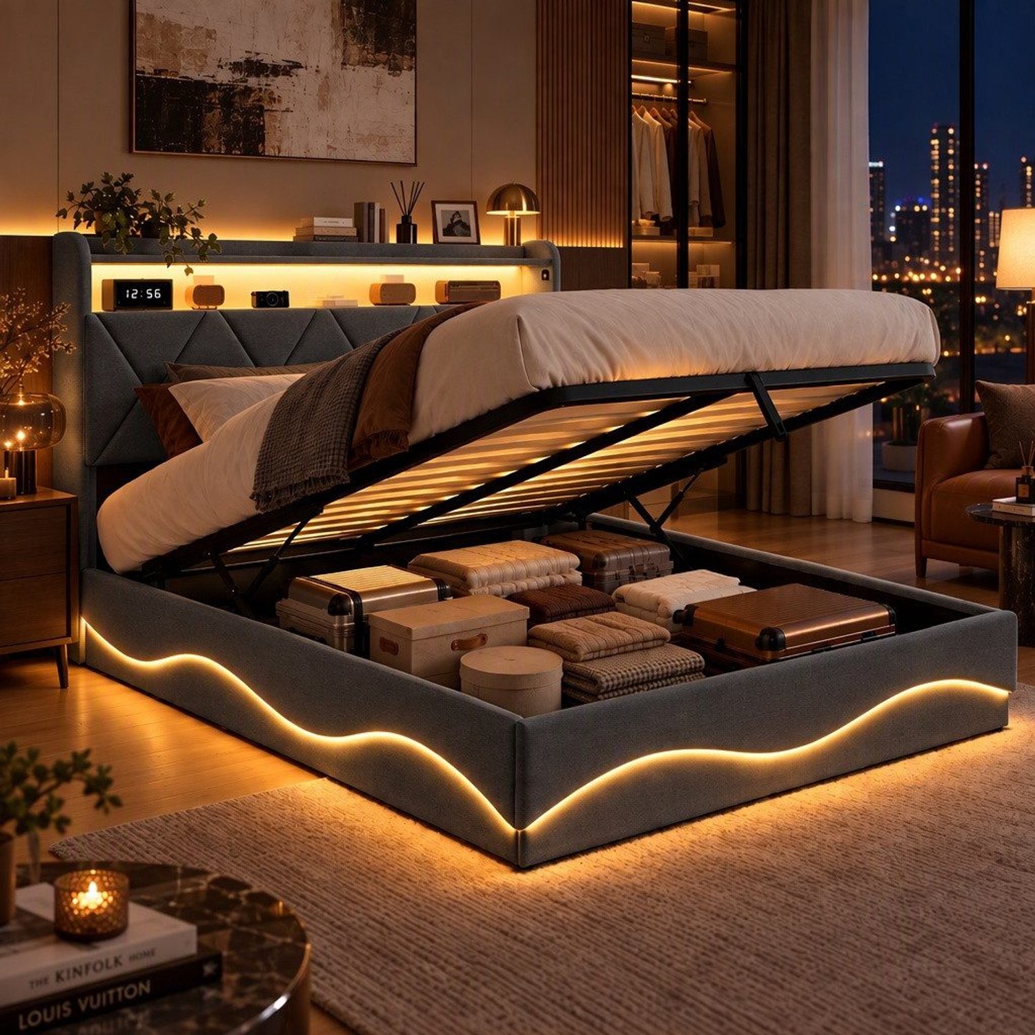 Mofor Gestoffeerd Opbergbed 160x200 cm - Tweepersoonsbed met LED en USB - Hydraulische opbergruimte - Linnen - Modern - grijs