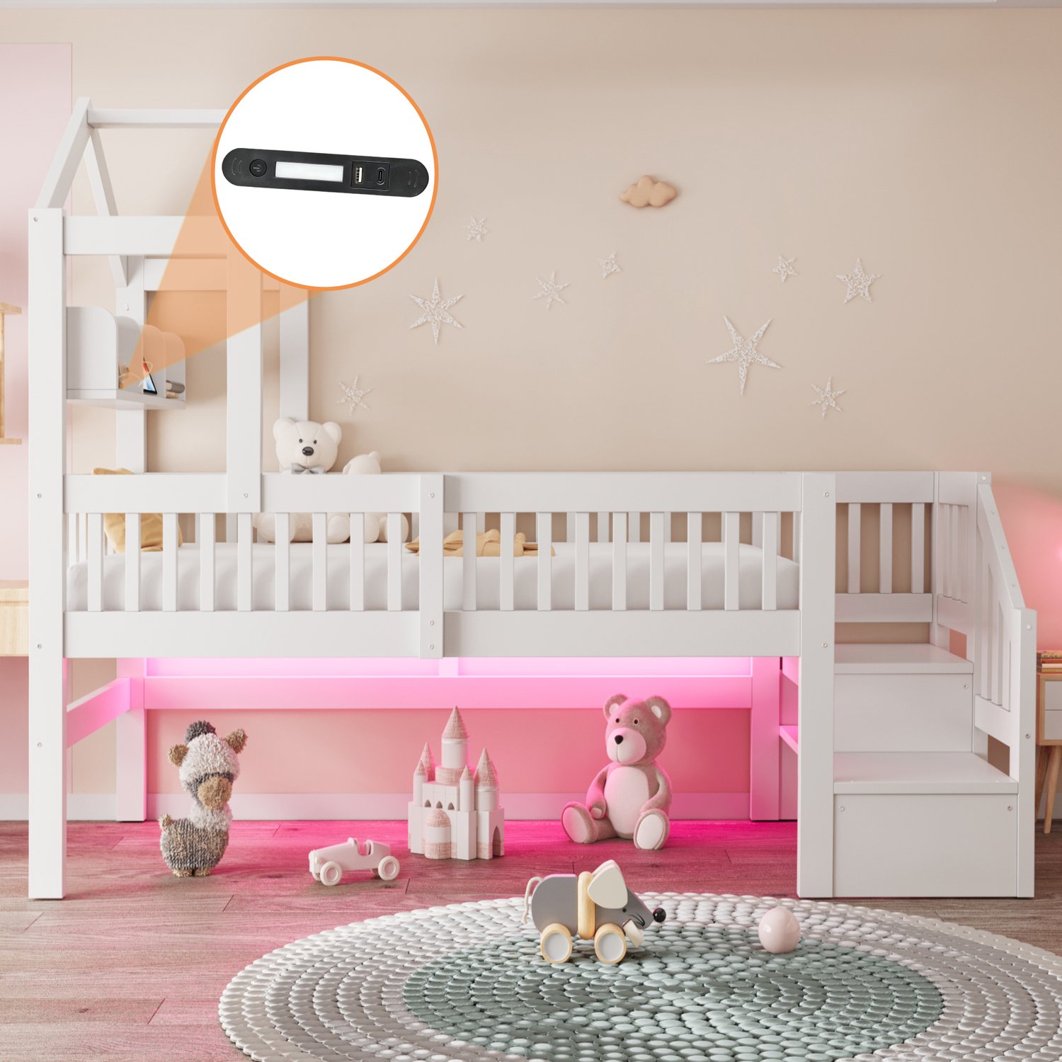 Sweiko Halfhoogslaper - 90 x 200 cm - Houten kinderbed - Met opbergrek - Oplaadpunt - LED-verlichting - Wit
