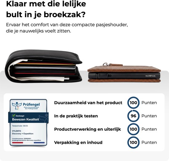 Vergelijking van een volle, dikke portemonnee en een platte Vylento pasjeshouder, inclusief Prüfengel kwaliteitszegel.