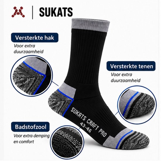 Zwarte Sukats Craft Pro werksok met grijze boord, versterkte hak, tenen en badstofzool voor extra comfort.