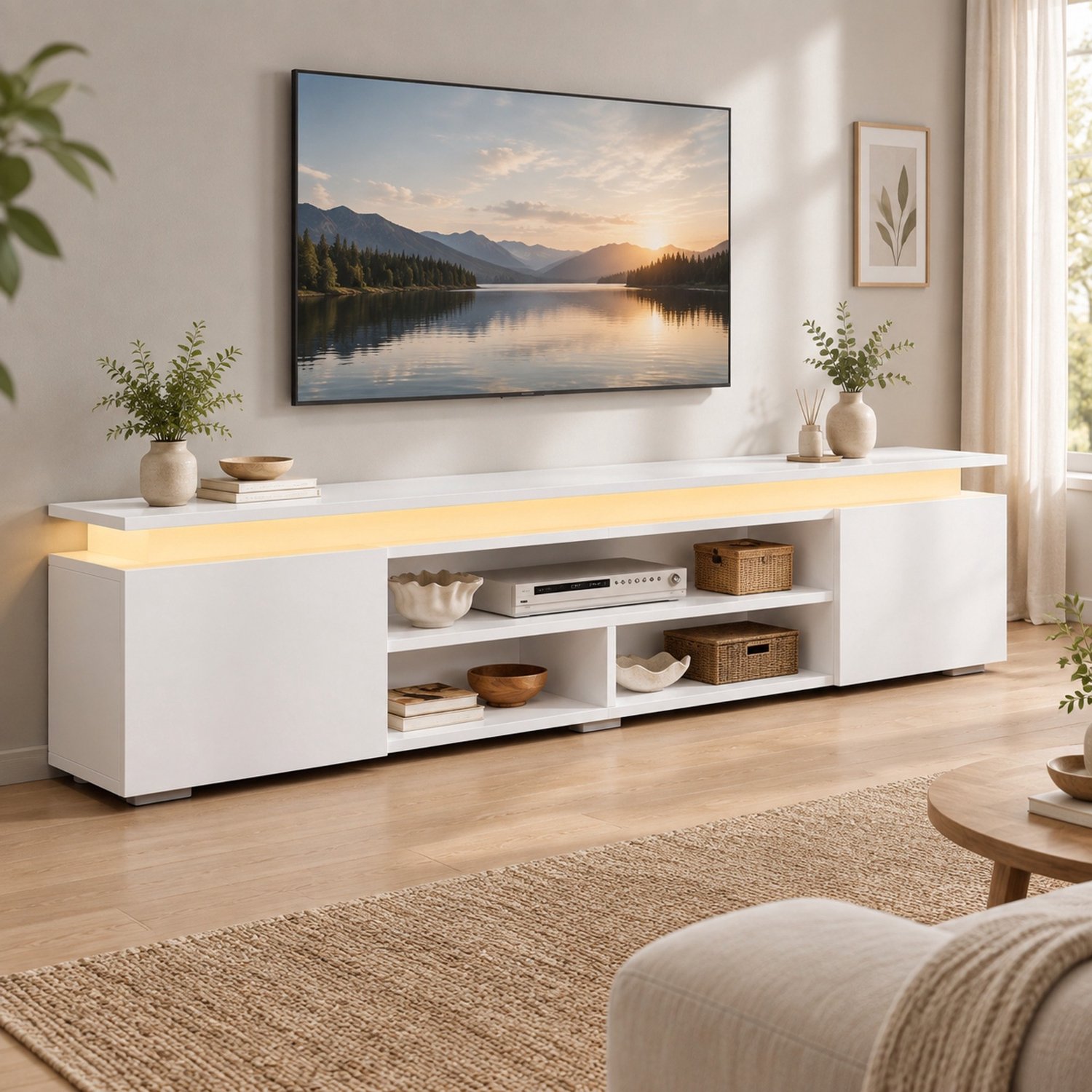 HAUSS SPOLE Tv-Meubel - Rgb-Ledverlichting Met App- En Spraakbediening - Twee Kasten En Drie Open Vakken Voor De Woonkamer - Mdf - Wit - 180x35x42 Cm