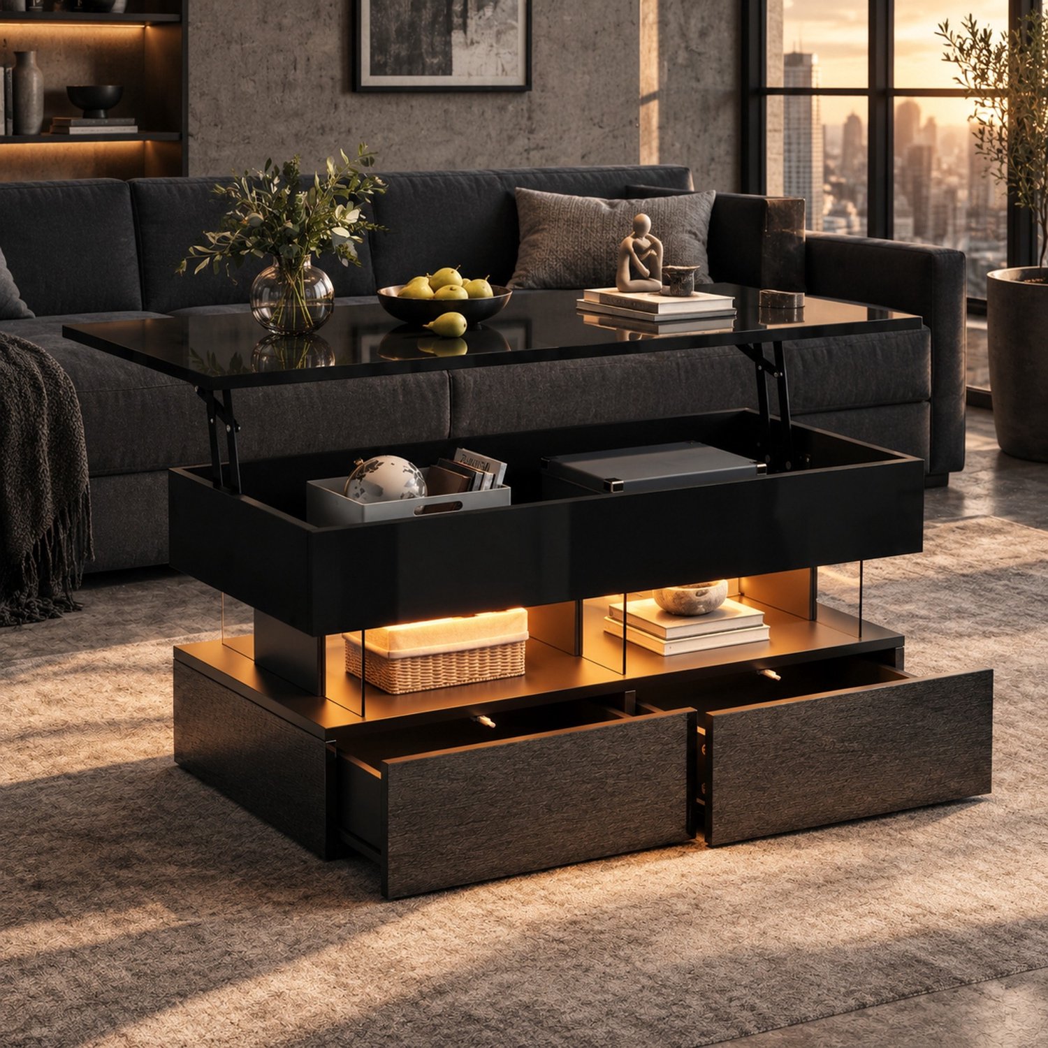 MEUNIQ Salontafel 100 x 50 x 46 cm met hydraulisch verstelbaar tafelblad, verborgen opbergruimte, 2 lades, open vak en ledverlichting, hoogglans zwart