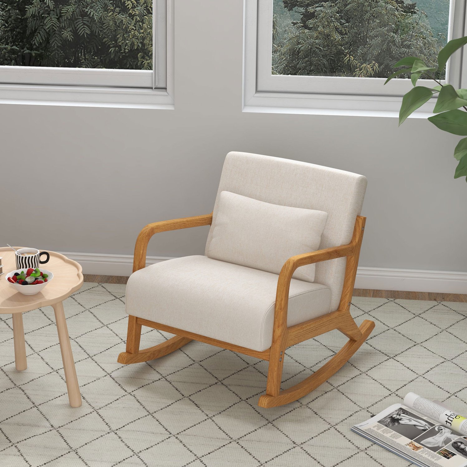HAUSS SPOLE Schommelstoel - Fauteuil met Armleuningen - Zachte Bekleding en Afneembare Lendensteun - Voor Woonkamer en Slaapkamer - Hout - Crèmewit
