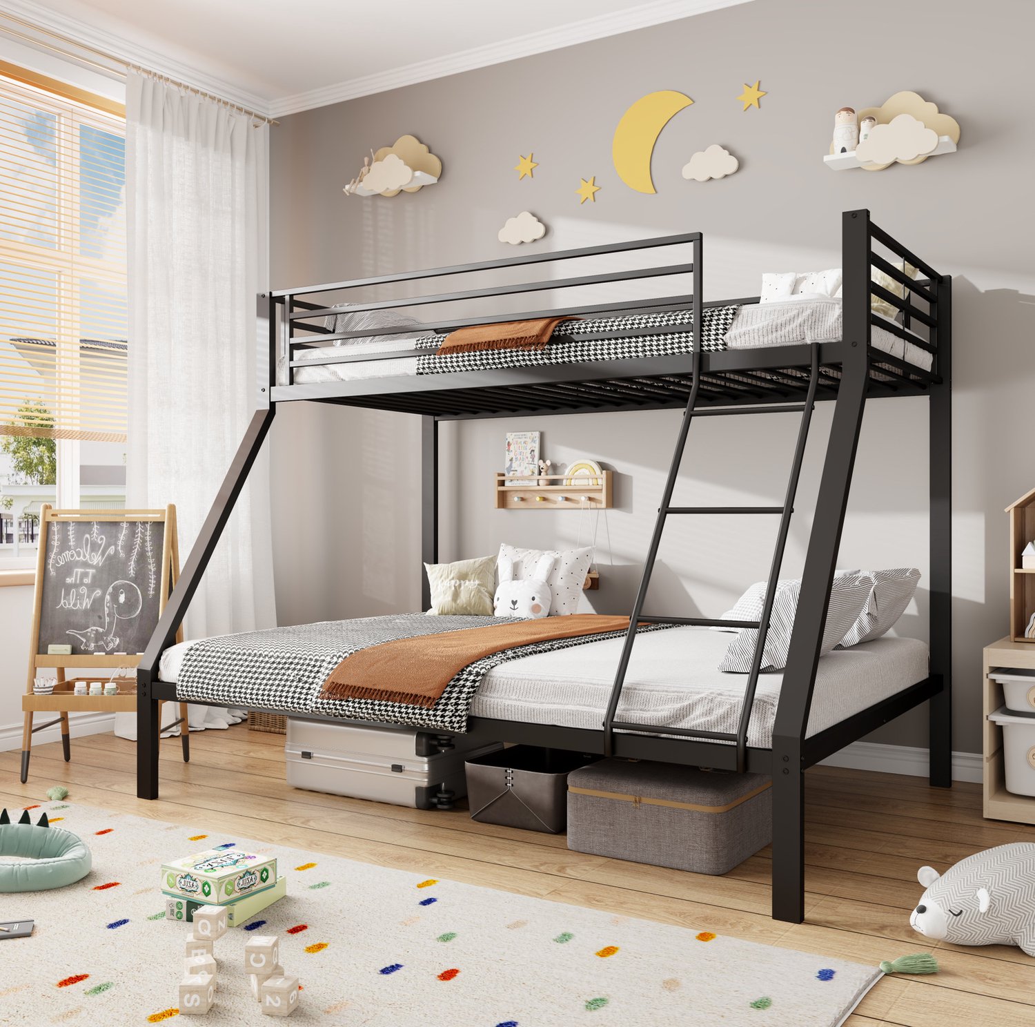 Wishdor Stapelbed 90x200 cm boven en 140x200 cm onder - Metalen bedframe met uitvalbeveiliging - Ladder links of rechts te monteren - Lattenbodems - Voor gezin en logeerkamer - Zwart