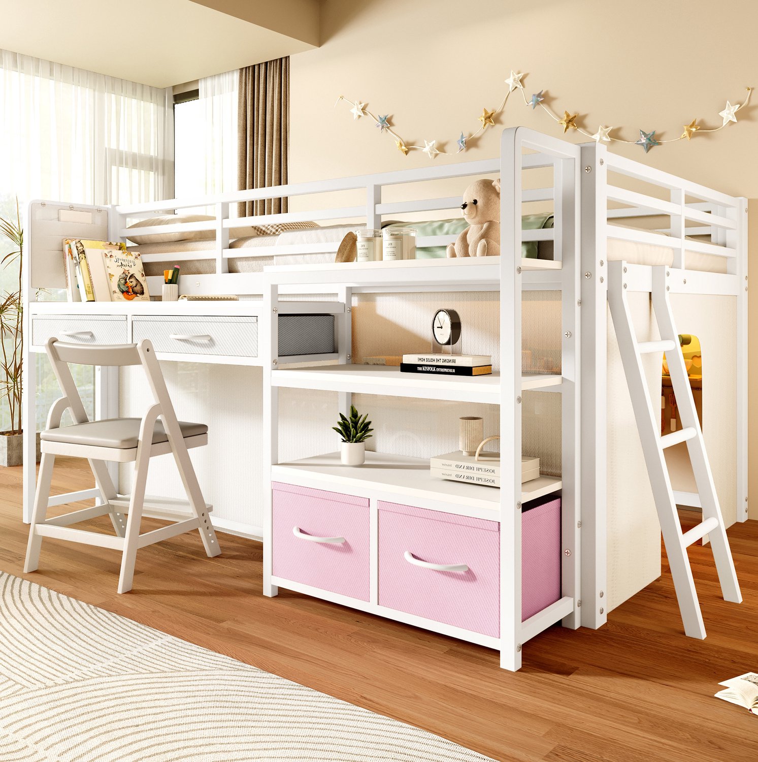 HAUSS SPOLE Hoogslaper 140 x 200 cm - Met Bureau en Stoffen Lades - Met Opbergruimte en Meerkleurige Verlichting - Zonder matras - Metaal - Wit