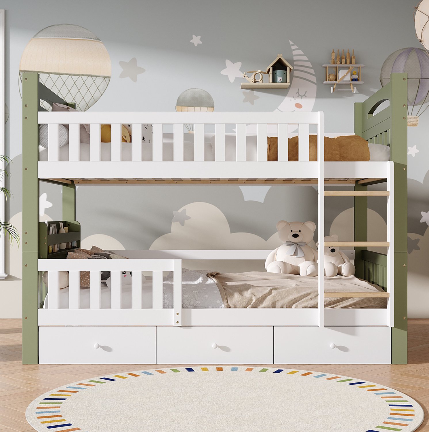 HAUSS SPOLE Kinderstapelbed 90x200 cm - Twee Slaapplaatsen met Ladder en Hoog Hek - Drie Laden en Zijrek - Zonder Matras - Hout en MDF - Wit en Groen