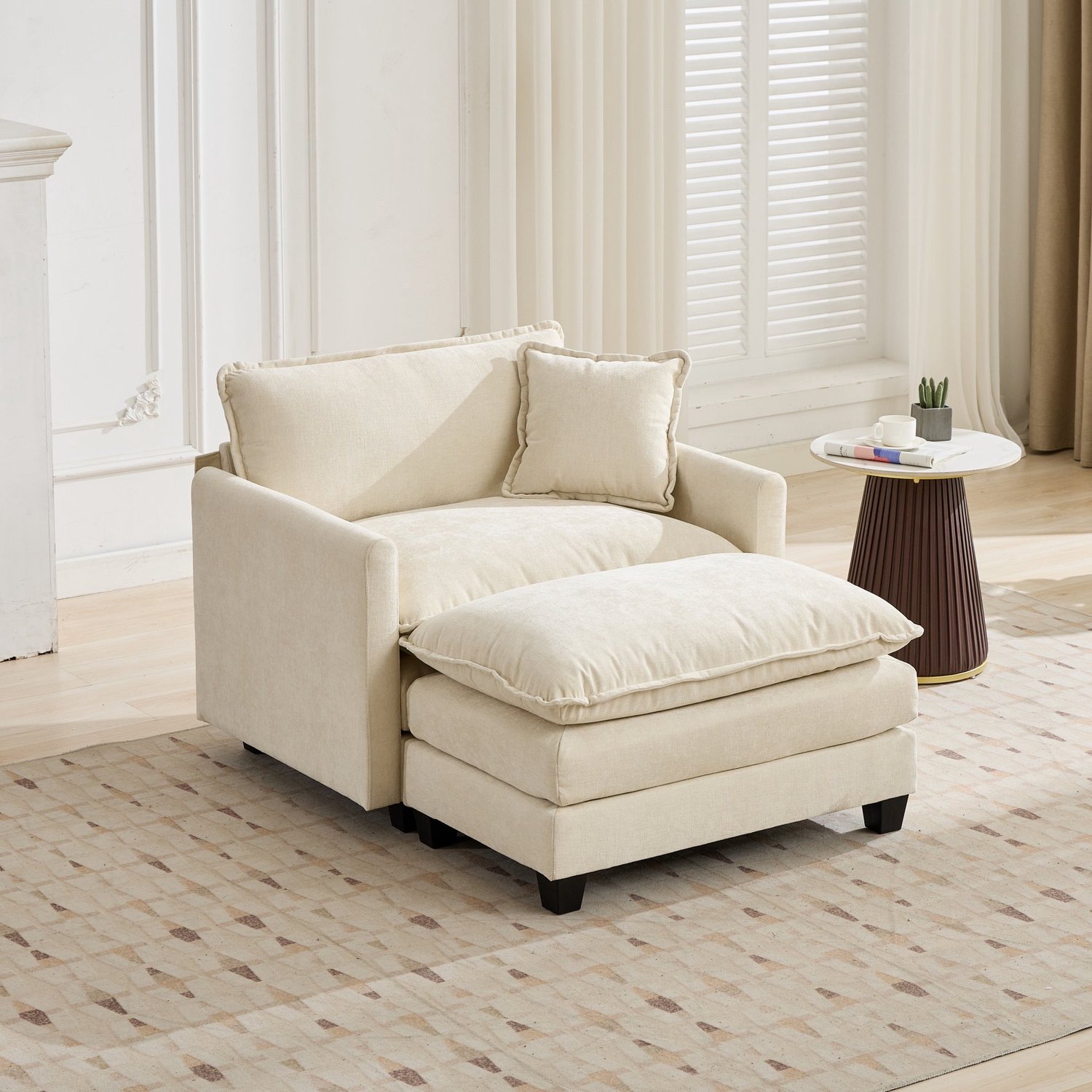MEUNIQ Hocker 90 x 56 x 46 cm, gestoffeerde voetenbank van chenille, los te gebruiken of te combineren met een modulaire bank, beige