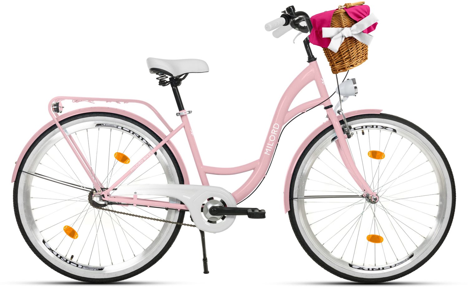 Milord damesfiets met rieten mand 28 inch 3 versnellingen roze frame