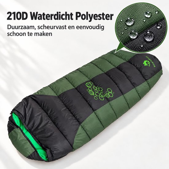Winterslaapzak -5°C Comfort, Mummyslaapzak met Capuchon – Waterafstotende Camping Slaapzak voor Kamperen, Wandelen en Reizen – 220 x 80 x 50 cm, 1,85 kg, Groen/Zwart — afbeelding 2