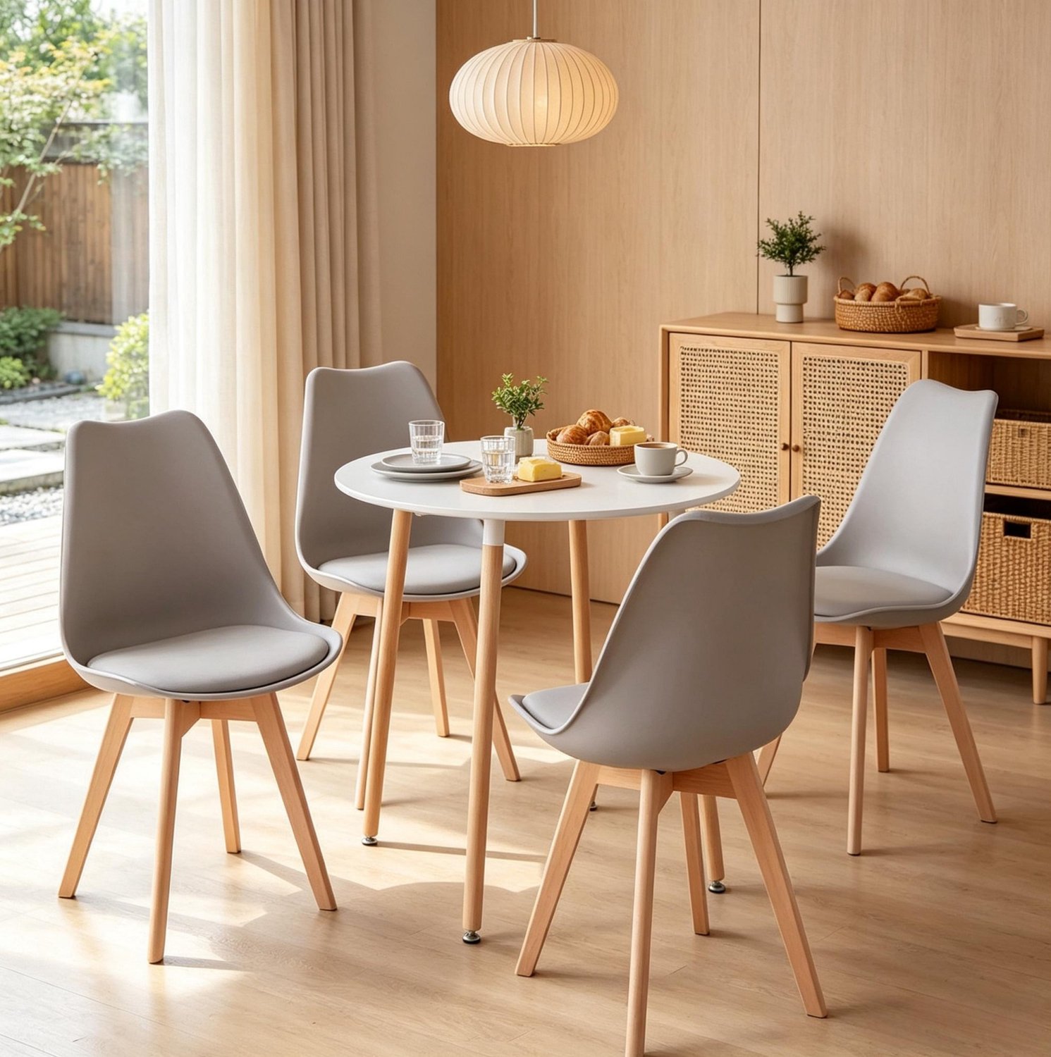 HAUSS SPOLE Eettafelset - Ronde Eettafel met 4 Eetkamerstoelen - Moderne Eethoek voor Keuken en Woonkamer - Hout en Kunststof - Grijs en Wit