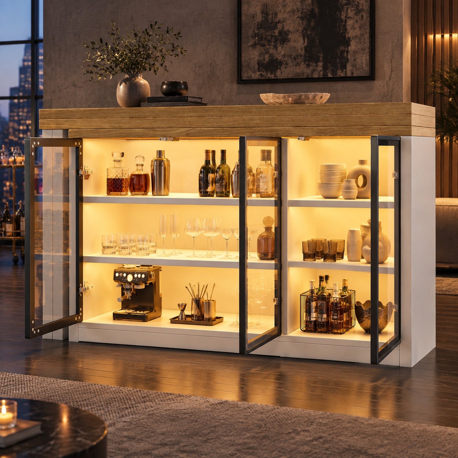 Wishdor Uitschuifbare eettafel met opbergkast - Tweedelig 360° draaibaar tafelblad - Verstelbare legplanken en glazen deuren - Meerkleurige verlichting - Modern design voor eetkamer en keuken - MDF en glas - Wit - 120-197 x 40 x 72 cm
