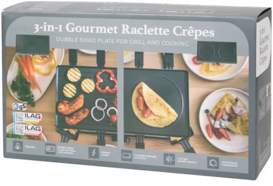 Gourmetstel 8 Personen – 1400W – Raclette Grill met Crêpeplaat – Inclusief 8 Pannetjes – Elektrische Gourmetset – Zwart — afbeelding 3