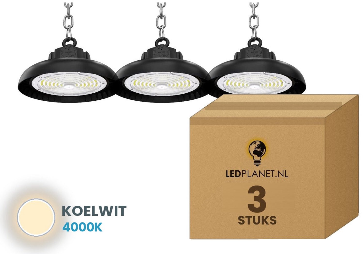 Tsong UFO Lamp - LED High Bay 150W - 27.000 lm - Koelwit 4000K - 3 stuks - Instelbaar 90/120/150W - IP65 - Hal, Werkplaats- & Garageverlichting - 5 jaar garantie