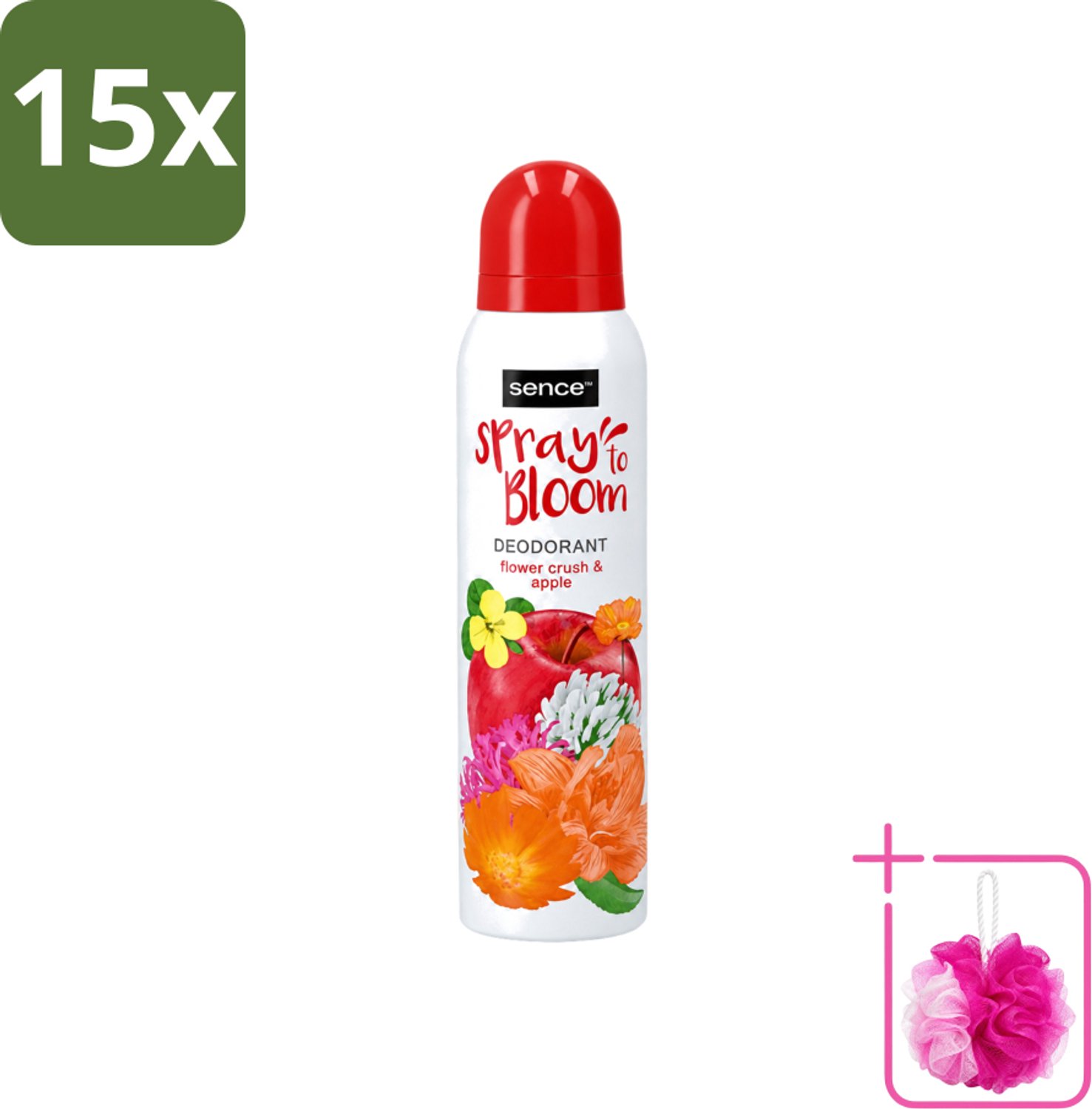 15 x Sence - Spray to Bloom - Flower Crush & Apple - Deodorant - Spray - 150 ml - Bulkverpakking - Deodorant spray - Douchemop - Frisheid