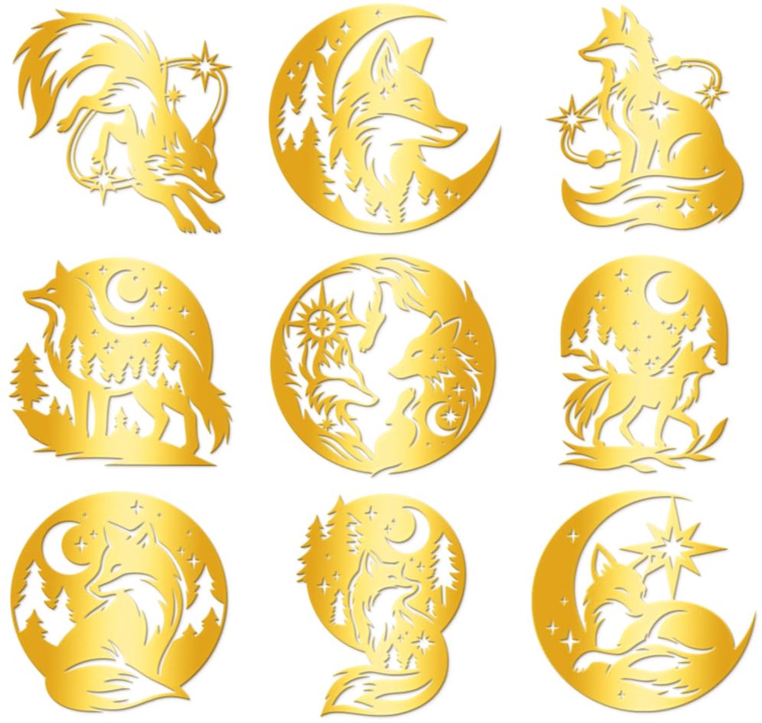Decoratieve Stickers Goud - 9 Stuks - Waterdicht - Zelfklevend - Vos/Maan/Ster - 4 cm x 4 cm - Metalen Decoratie - Decoratiestickers