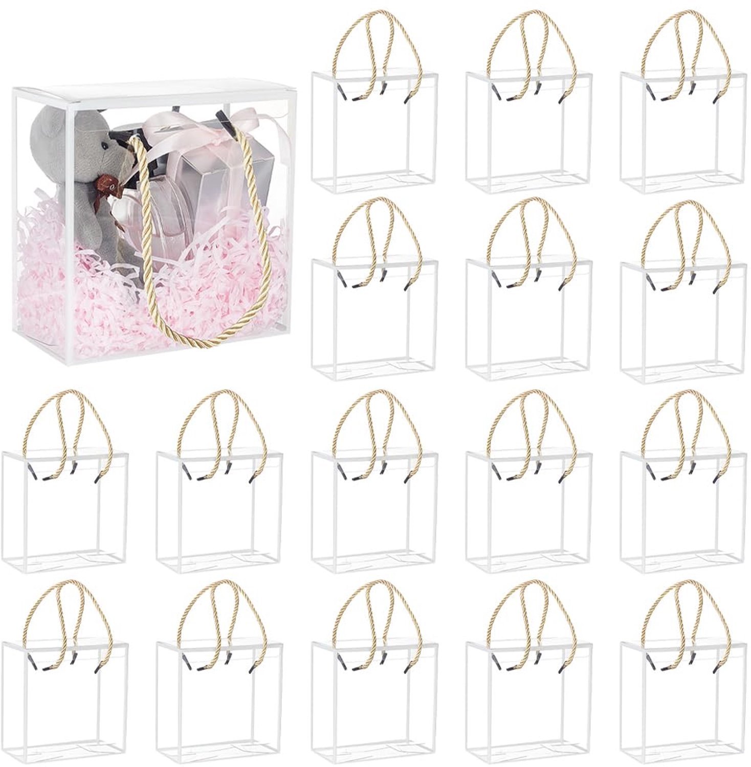 Geschenkdozen Set van 20 - Transparante Dozen 14 x 14 x 7,5 cm - Duurzaam PET-plastic - Witte Rand - Voor Bruiloften/Verjaardagen - Inclusief 40 Koorden - Cadeauverpakking