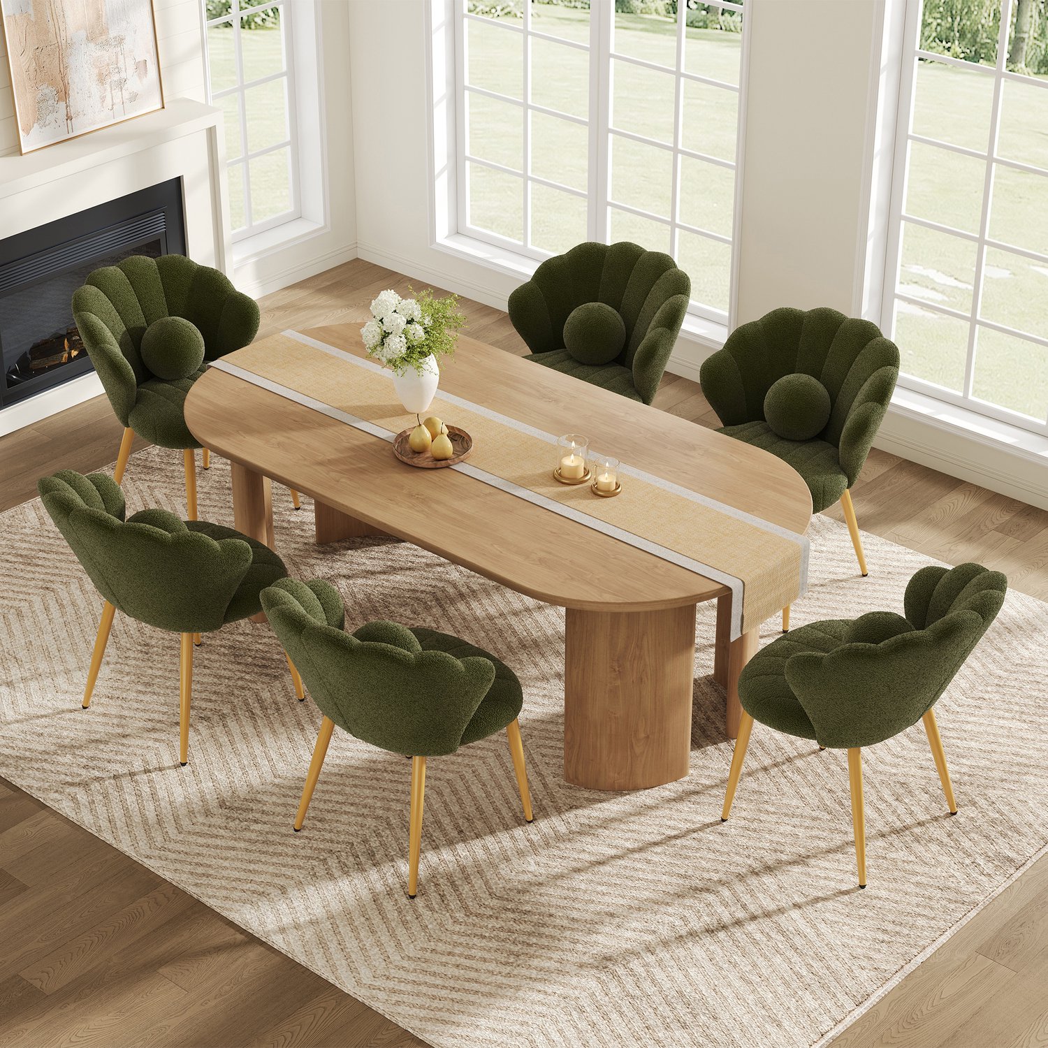 HAUSS SPOLE Eetkamerstoelen - Set van 6 - Schelpvormige Rugleuning met Sierkussens - Voor Eetkamer en Slaapkamer - Teddystof - Groen