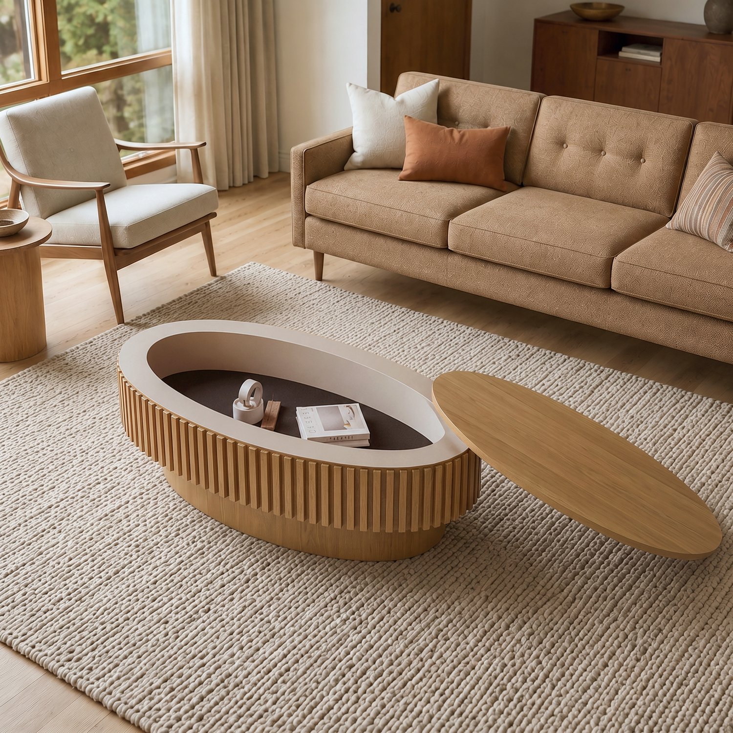 HAUSS SPOLE Salontafel - Ovaal Met Verborgen Opbergruimte - Voor Woonkamer En Slaapkamer - Houtfineer En MDF - 98x60x35 Cm - Naturel Natuurlijke houtkleur