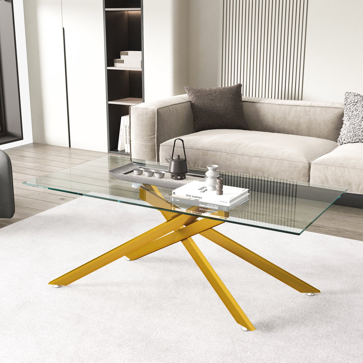 MEUNIQ Glazen salontafel 120 x 60 x 46 cm, rechthoekig tafelblad van gehard glas, goudkleurig metalen onderstel met gekruist ontwerp, voor de woonkamer