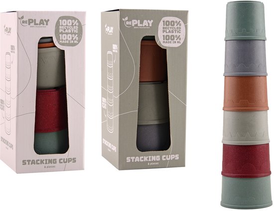 Stapelbekers in groen, grijs, bruin, rood en off-white. Op de verpakking staat 'STAPELBEKERS 6 pieces'.