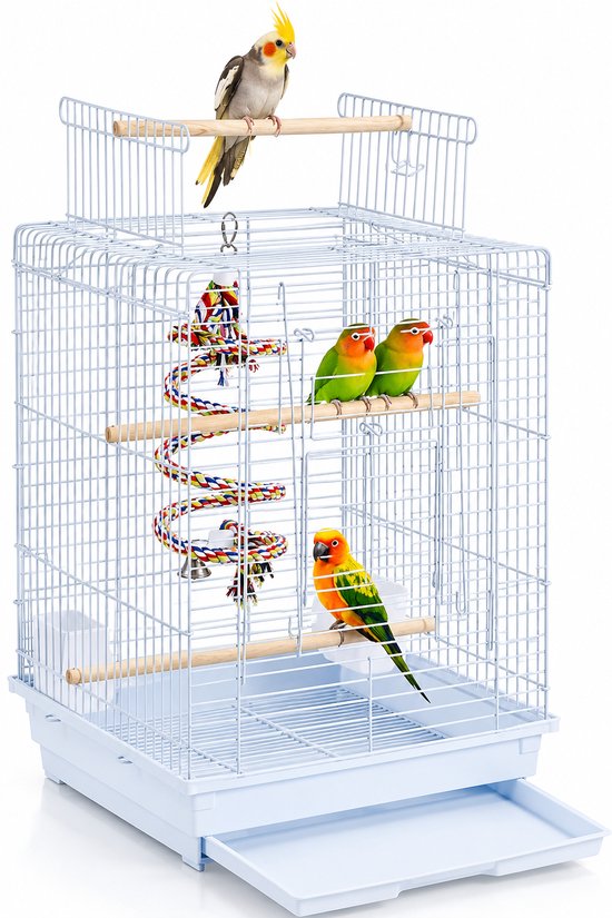 Papa Simba Vogelkooi Wit – 40 x 40 x 58 cm – Parkietenkooi met Speelgoed, Houten Zitstokken, Voerbakjes en Draaggreep – HMTM-BC-10005-White