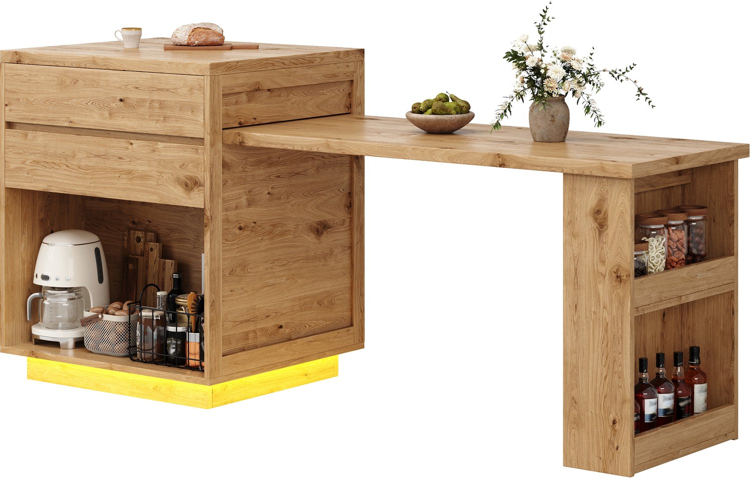 REDOM Uitschuifbaar keukeneiland 122-194,5 cm - 4 lades, opbergruimte en LED-verlichting - Naturel