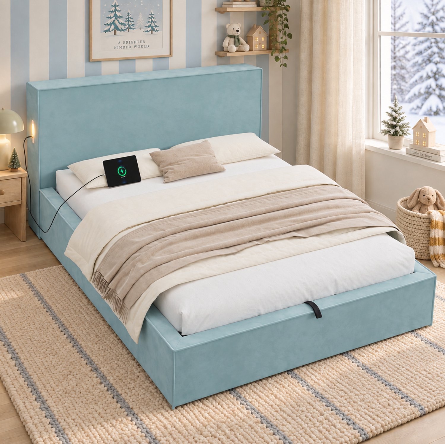 HAUSS SPOLE Gestoffeerd Kinderbed 140x200cm - Bed met Lattenbodem en Hydraulische Opbergruimte - Zacht Fluweel - Zonder matras - Blauw