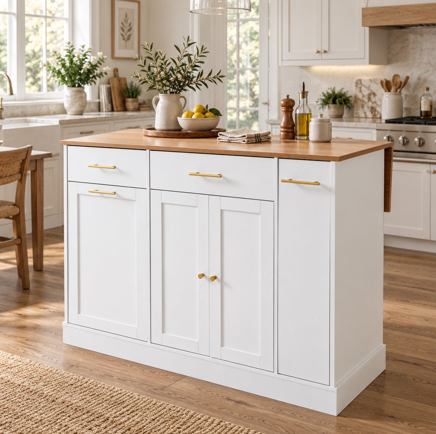 HAUSS SPOLE Keukeneiland - Opklapbaar Werkblad en Opbergruimte - Voor de Keuken - Spaanplaat - Wit en Naturel Houtkleur - 120x70x91,5 cm
