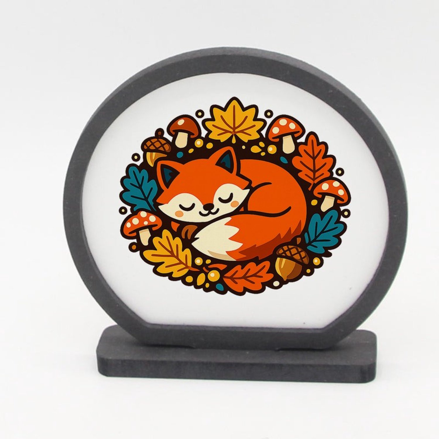 Mr Cadeautjes Houten fotolijst rond met MDF inleg - design Slapende vos in herfstkrans | cadeau Wit