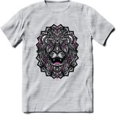 Leeuw - Dieren Mandala T-Shirt | Roze | Grappig Verjaardag Zentangle Dierenkop Cadeau Shirt | Dames - Heren - Unisex | Wildlife Tshirt Kleding Kado | - Licht Grijs - Gemaleerd - XL