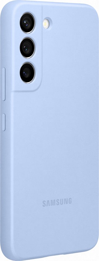 Lichtblauwe Samsung telefoonhoes, achterkant met cameralensuitsparing en Samsung logo.