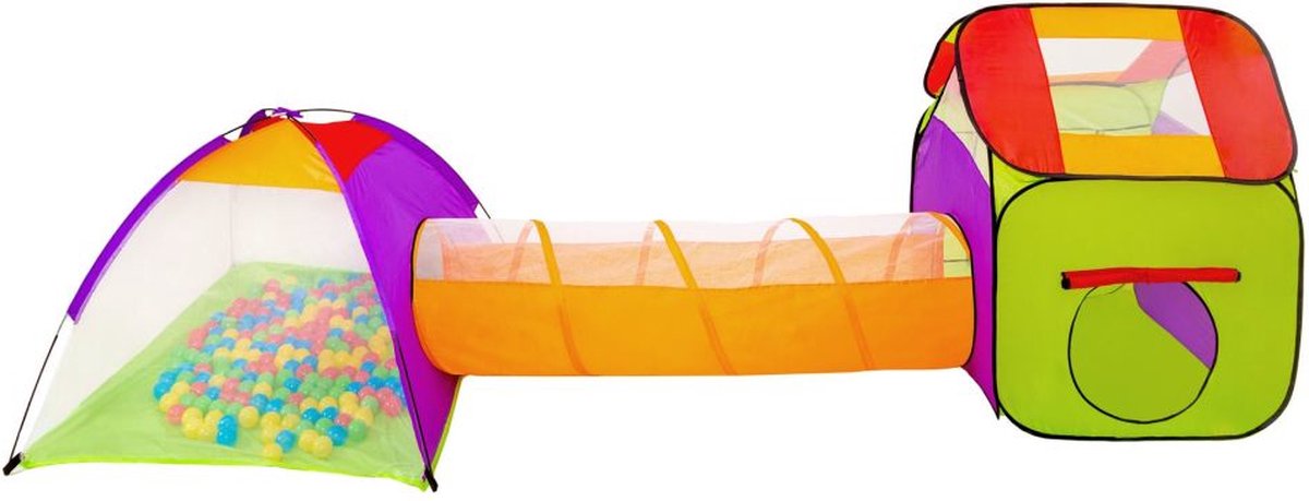 tectake® Pop-up kinderspeeltent - Kleurrijke kindertent - Speelhuis - Speeltent met draagtas - Ballenbak - 200 ballen in een net - Kruiptunnel met 2